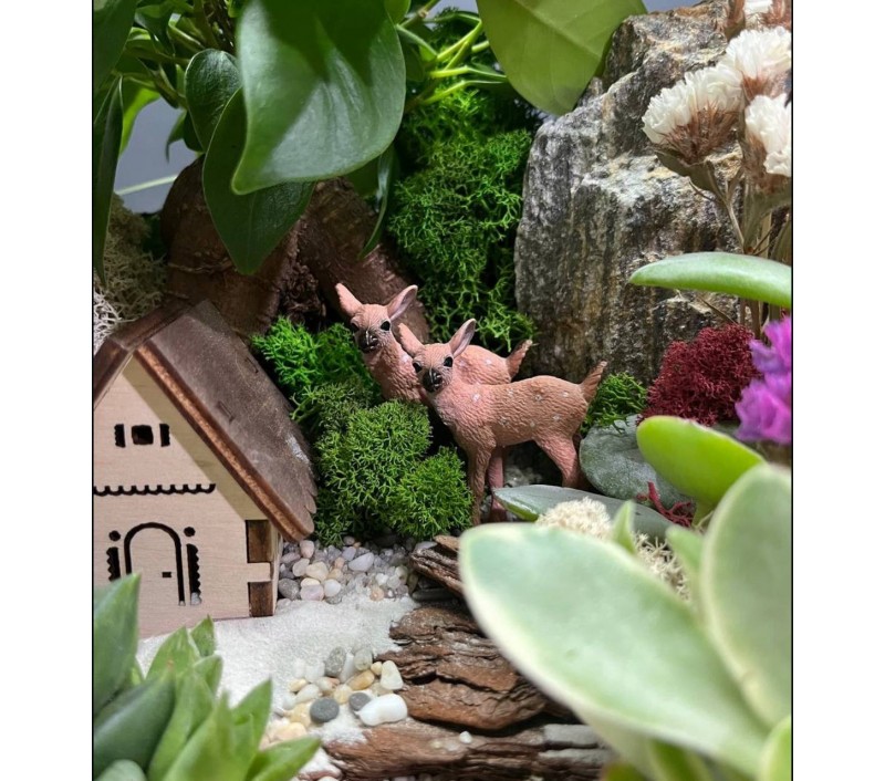 Флорариум "Мини-сад" "Сказочный лес" с бонсаем - фикусом Гинсенг и оленятами арт. 122