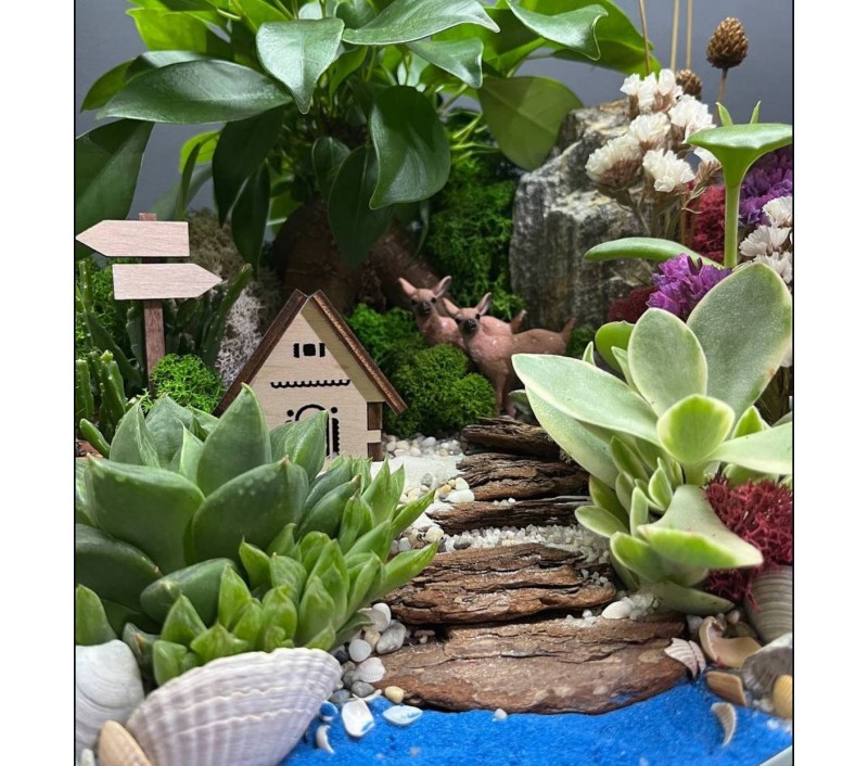 Флорариум "Мини-сад" "Сказочный лес" с бонсаем - фикусом Гинсенг и оленятами арт. 122