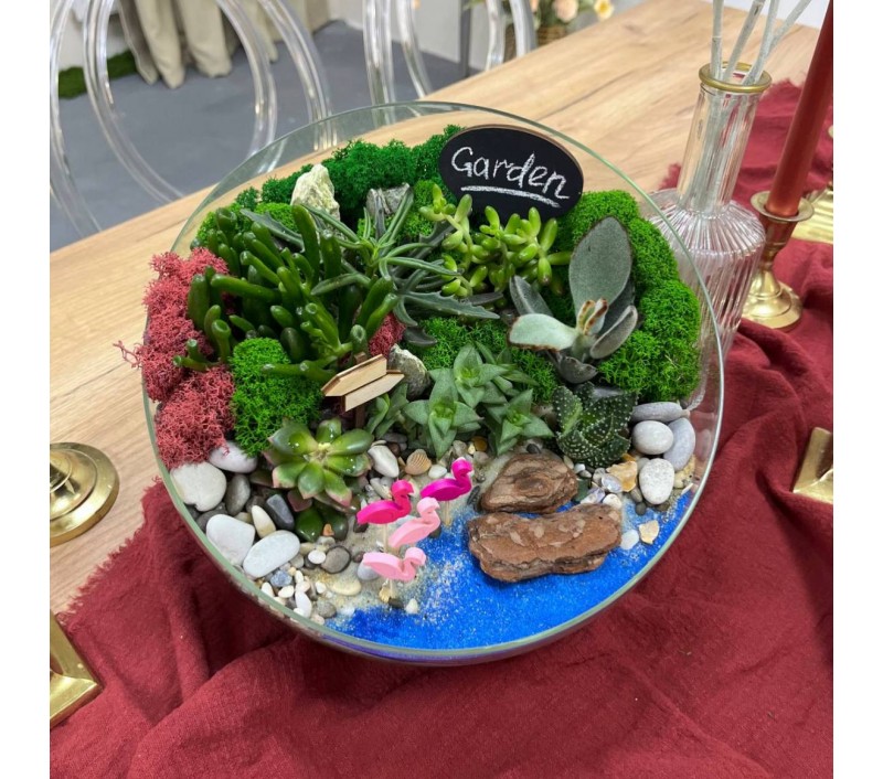 Флорариум "Мини-сад" "Фламинговый рай" с суккулентами и фламинго арт. 123