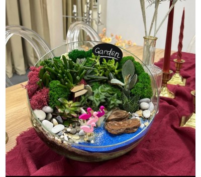 Флорариум "Мини-сад" "Фламинговый рай" с суккулентами и фламинго арт. 123