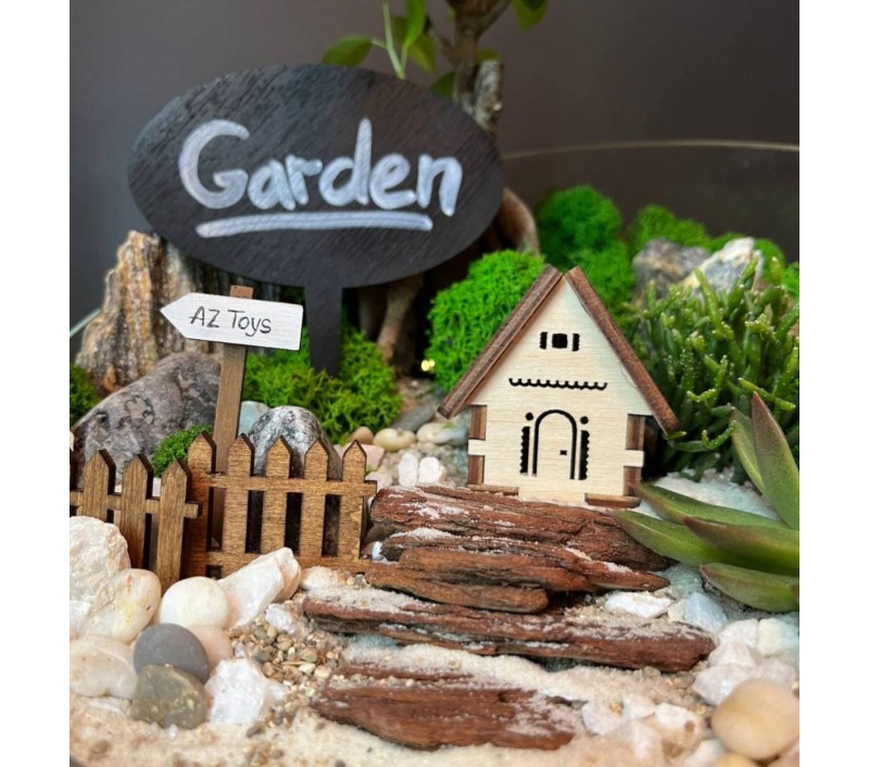 Флорариум "Мини-сад" "Руан" с бонсаем - фикусом Гинсенг, суккулентами и домиком. арт. 126